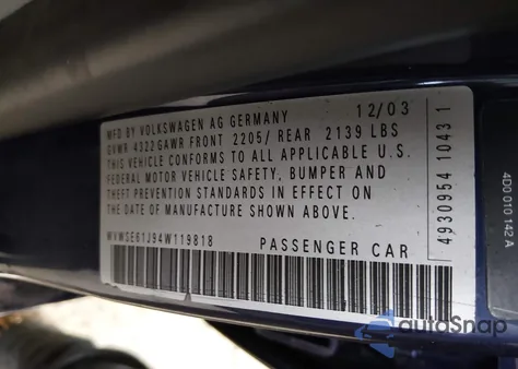 2004 Volkswagen Jetta Gls 1.8T z USA, uszkodzony, nr VIN WVWSE61J94W119818